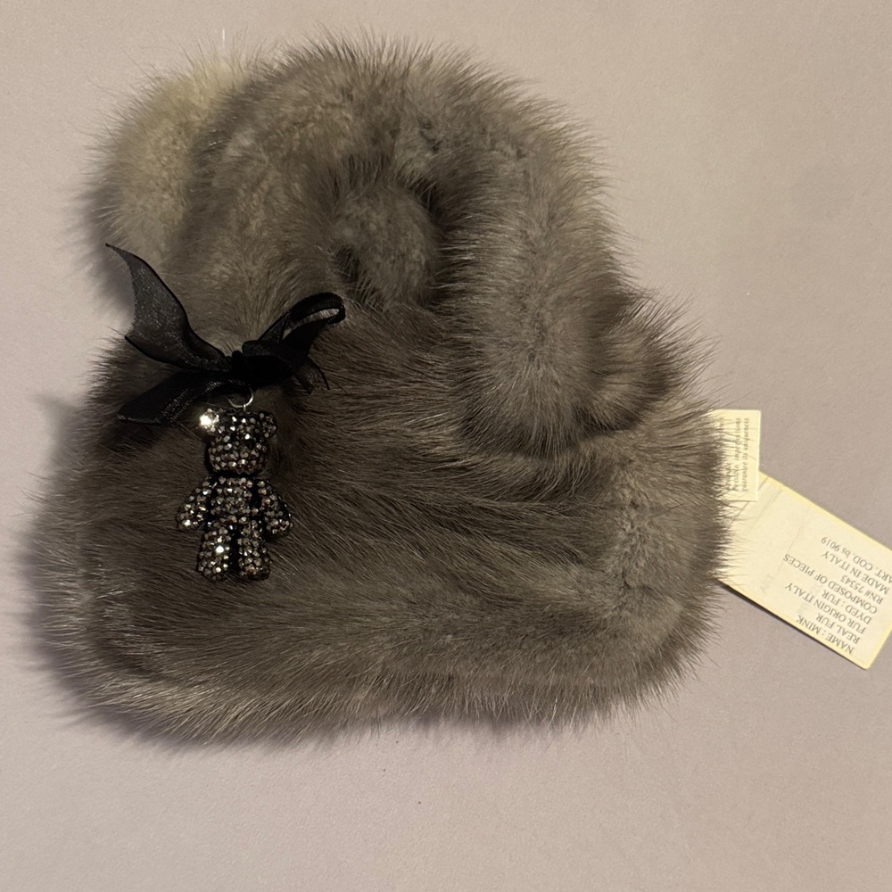 Light grey dark grey mink Italian mini handbag with bear charm